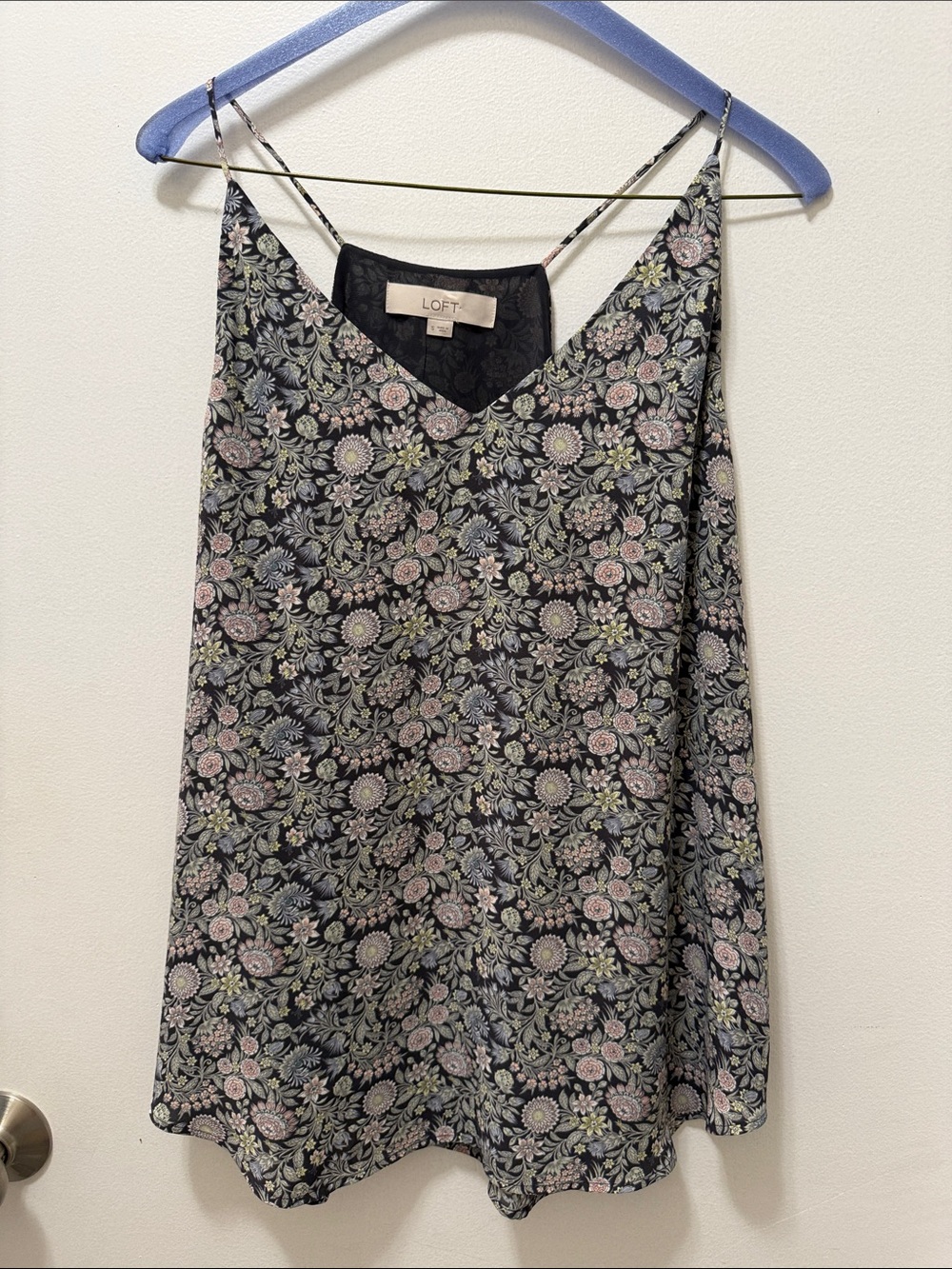 LOFT Gray Floral Spaghetti-Strap Cami with Pink and Green Accents